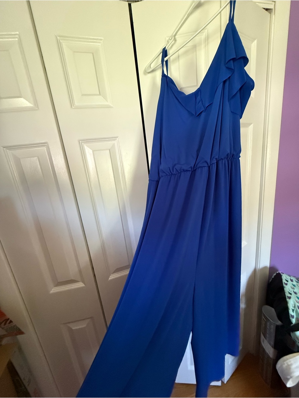 Cupio Royal Blue One-Shoulder Ruffle Jumpsuit
